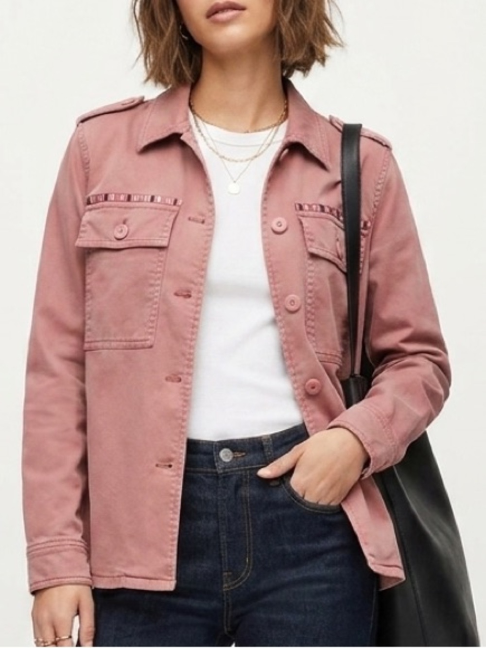 Gap Dusty Pink Utility Army Shirt Jacket Shacket with Striped Trim woman M 1727